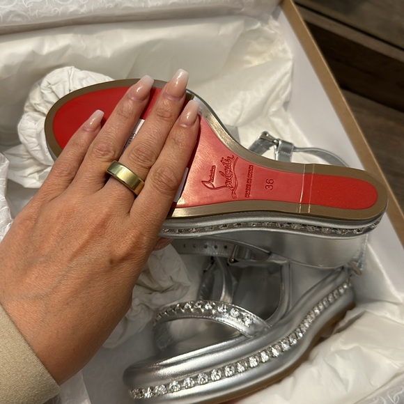 Christian Louboutin Metallic Strass Red Sole Wedge Sandals - Picture 3 of 9